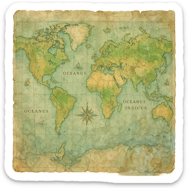 realistic crinkled and water damaged map, natural colors, soft, fairy-like atmosphere, no background, square size sticker