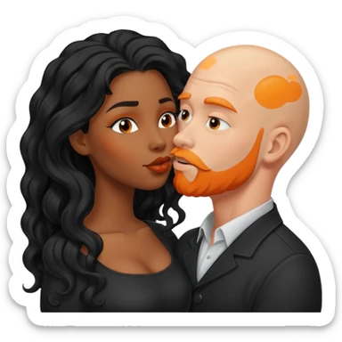 ebony black women with long black wavy hair kissing bald white man. White man has orange facial hair sticker