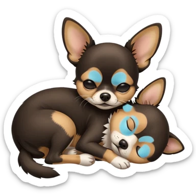 A high-resolution photo-realistic digital illustration of a  black tan chihuahua with eyes closed shut sleeping lazily on the ground sticker