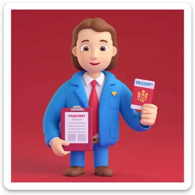 Add a background with the German flag. The universal character holds a passport or permanent residence document in hands. Maintain the 3D style. The character is neutral, friendly, and official. sticker