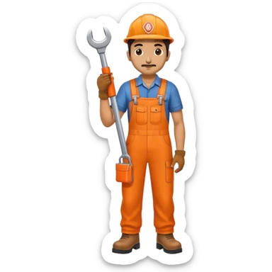 indian railway engineer orange overalls, boots holding a spanner sticker