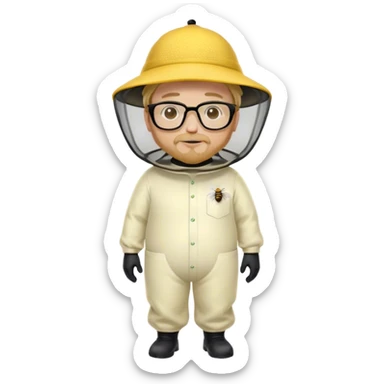 full body medium plus size male bee keeper in yellow and black with short light strawberry blonde hair and goatee wearing glasses with bee keeper hat sticker