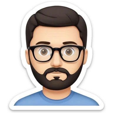 Portrait of a caucasian man early 40s, short dark hair and dark beard, dark rimmed glasses sticker