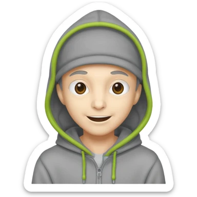 alien in gray hoodie full height, wear hoodie hat, happy sticker