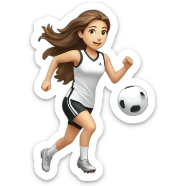 Caucasian girl with brown long hair running with a soccer ball wearing White short and black shorts sticker