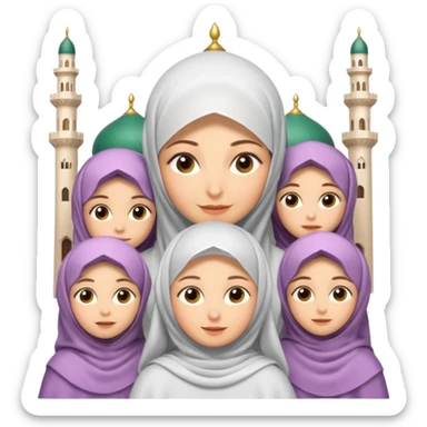 A picture of a mother with several daughters around her, the mother is wearing a veil and they are all in an Iranian Muslim mosque. Cartoon. 3D sticker