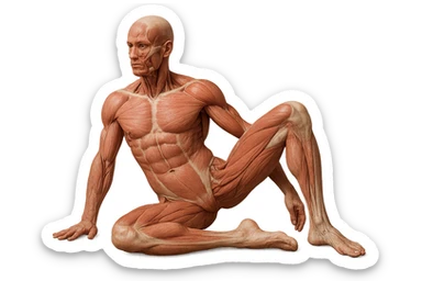 CORPO UMANO ANATOMICO REALISTICO CHE SVOLGE UN ESERCIZIO DI MOBILITà ALLE ANCHE, iperrealistico 4k sticker