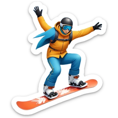 An icon showing a snowboarder performing an exciting jump on a snow-covered slope. The background features towering mountains, snow-covered trees, and a bright, clear sky. Transparent background highlights the speed, agility, and thrill of snowboarding. sticker