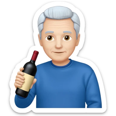 Morbidly obese older man dark grey hair with blue sweatshirt holding bottle of wine sticker