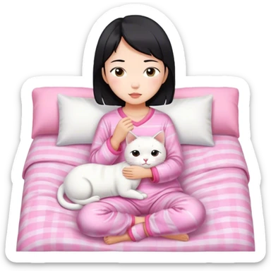 Short hair Asian girl wake up with white cat in pink pj sticker