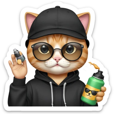cat with one eye CLOSED in a CLEAR WINK, wearing black snapback cap and black hoodie, black sunglasses tilted low on nose, looking over the top of sunglasses at viewer with other eye open, holding spray paint can sticker