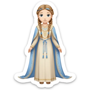 Joven de unos 30 años, de aspecto dulce, elegante.
Piel clara, ojos (pueden ser azules o verdes)
castaño claro largo, con trenzas.
Vestido largo de tonos suaves (blanco, azul o lavanda), con bordados dorados; un manto o toca fina cubriendo la cabeza. Que se vea todo el cuerpo de pies a cabeza sticker