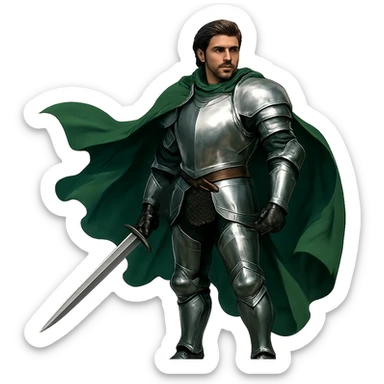 warrior with shiny silver armor, green cape flowing, confident expression sticker