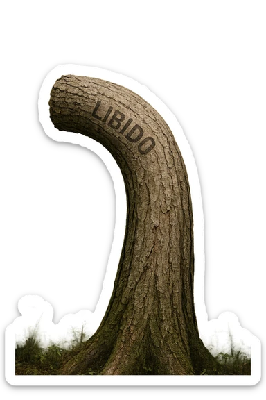Realistic, vertical 4K illustration: a hyperrealistic tree trunk in a forest setting, noticeably bent, drooping, or wilted instead of standing upright. The bark is textured and detailed WITH THE WORD "LIBIDO" PRINTED ON IT, with subtle cracks and faded colors suggesting loss of vitality. Soft, natural light filters through the surrounding trees, casting gentle shadows. The scene is quiet and contemplative, with the trunk’s unusual, slumped posture symbolizing a decline in male libido. The background is lush and detailed, but the focus remains on the central, softened trunk, evoking a sense of vulnerability and introspection. sticker