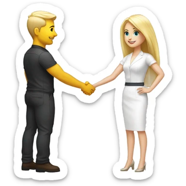 restaurant owner with white skin and blogger with white skin and blonde hair shaking hands in great detail and full height sticker