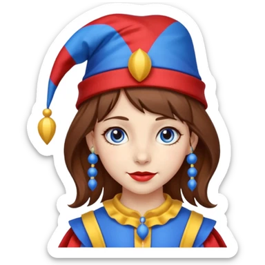 a girl A classic two-armed jester's hat with red and blue stripes, a yellow brim, and small yellow bells on the tips. brown hair blue and red eye's

 sticker