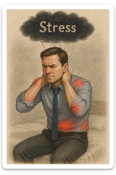 Uomo tra i 30 e i 40 anni in abiti da ufficio, seduto su una sedia o sul letto, con mani sul collo o sulla testa, visibilmente stressato. Attorno al corpo si vedono aree evidenziate di dolore (spalle, stomaco, schiena) rappresentate da leggere sfumature rosse o pulsanti. Sopra la sua testa, una nuvola scura con la parola 'Stress' scritta dentro, collegata al corpo con fili o nervi tesi. L'espressione dell’uomo è di frustrazione ma anche convinzione: crede che sia solo lo stress. Stile realistico con accenti simbolici psicofisici sticker