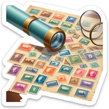 Icon for Stamp Collecting: a collection of vintage and colorful stamps arranged in an album or on a desk, with a large stamp block in the center showcasing different themes. The icon should reflect the charm and history of philately. Transparent background. sticker