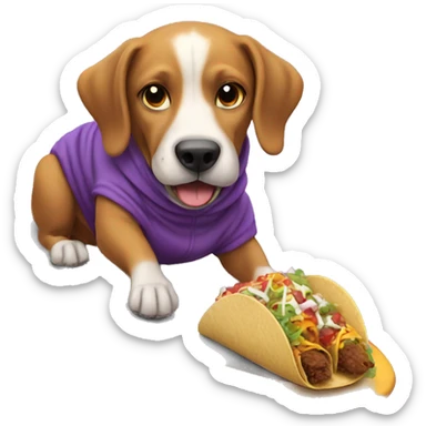 Dog eating a taco riding a surfboard wearing a purple hoodie sticker