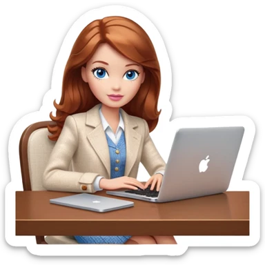 A Barbie girl with blue eyes, shoulder-length reddish-brown hair, made-up, wearing a white tweed jacket and beige skirt, is sitting at a table with a MacBook sticker