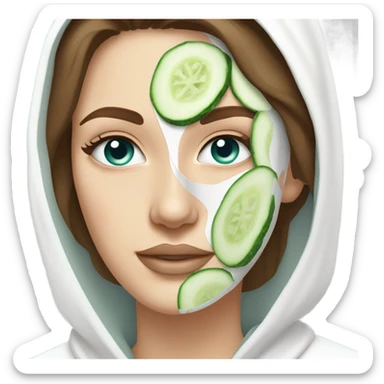 White girl with Brown hair and blue eyes wears a Green colored skincare clay textured mask and puts on cucumbers around her eyes while She relaxes in her white Robe sticker