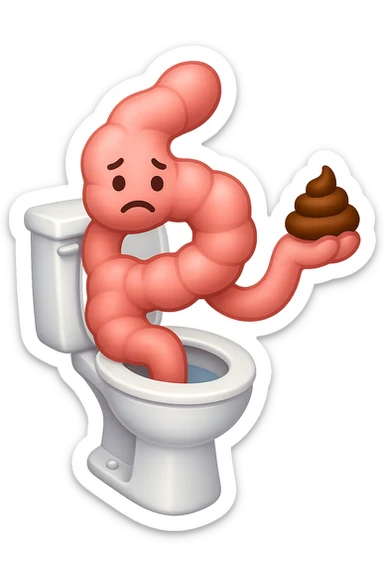 emoji stile iphone di un intestino che esce dal wc con in mano una montagnetta di feci con espressione triste a palline sticker
