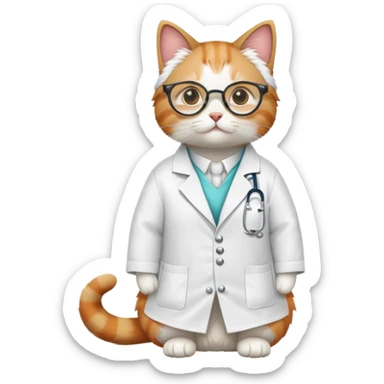 cat full body sitting wearing scientist glasses and a lab coat sticker
