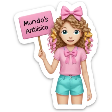 Crea una imagen mía kawai para stickers q tenga bonitos ojos cabello largo crespo color castaño claro y un hermoso moño rosa la blusa rosada y un hermoso chort color azul aguamarina y en sus manos un letrero q diga mundos Artistico Cc los zapatos estilo converse sticker