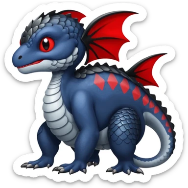 midnight blue-gray-black, with red markings, white belly, scaley Bastet-Noibat-Gatomon-Garchomp-Digimon-Fakémon-Pokémon-creature (full body) sticker