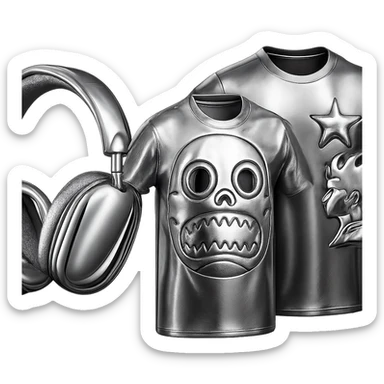 Transform the flame t-shirt into a 3D chrome metallic style, keeping all preset colors and details, highly reflective and shiny, no background. sticker