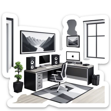 An isometric 3D room with two walls that meet at the back left and right. The floor is made of gray wood. The room is decorated in a modern black and white style. In front of the window is a wide desk with a large monitor and an open laptop, with a black gaming chair next to it. sticker