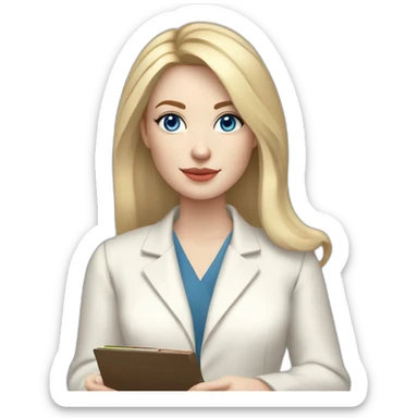 pale skin woman with blonde middle length straight line Hair to shoulders, blue eyes, White classical jacket, Gray Palazzo pants holding a color palette in the hands sticker