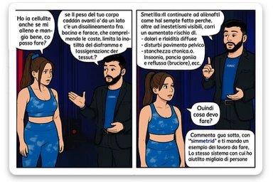 TRASFORMA QUESTO CAROSELLO IN UN FUMETTO CON QUESTE DUE PERSONE IDENTICHE CHE INTERLOQUISCONO TRA LORO:

Ho la cellulite anche se mi alleno e mangio bene, cosa posso fare?

Hai controllato il tuo baricentro corporeo?
Sapevi che se il peso del tuo corpo cade in avanti o da un lato, c’è un disallineamento fra bacino e torace, che comprimendo le coste, limita la motilità del diaframma e l’ossigenazione dei tessuti?
Il mio è il primo e unico percorso che lavora sugli inestetismi con un lavoro mirato sul baricentro corporeo.

Smettila di continuare ad allenarti come hai sempre fatto perché, oltre ad inestetismi visibili, corri un aumentato rischio di:
    • dolori e rigidità diffuse
    • disturbi pavimento pelvico
    • stanchezza cronica o insonnia
    • pancia gonfia e reflusso (bruciore)
    • etc…


Quindi cosa devo fare?
Commenta, qua sotto, con “simmetria” e ti mando un esempio del lavoro da fare. Lo stesso sistema con cui ho aiutato migliaia di persone, fra cui centinaia di donne a risolvere definitivamente gli inestetismi.
Metterei il prima e dopo

Se vuoi che ti aiuti personalmente
SCRIVIMI IN DIRECT sticker