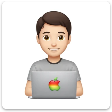 apple-style emoji of a happy young male developer, dark brown hair, hazel eyes, dimple, smiling and winking, tech t-shirt, sitting at a MacBook with Apple logo, light gray background sticker
