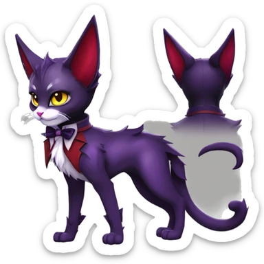Anthro-Cute-Edgy-Vampiric-Batty-Cat-Black-Purple-Red-Grey-White-Yellow-Contrast-Colors-Fantasy-Fur-Sona-Chibi-Shiny-Fakémon-Hybrid with horns and big fangs, neck tie, leg spats full body sticker