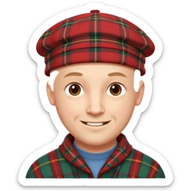 a bald man wearing a tartan flap cap looking really hopeful sticker