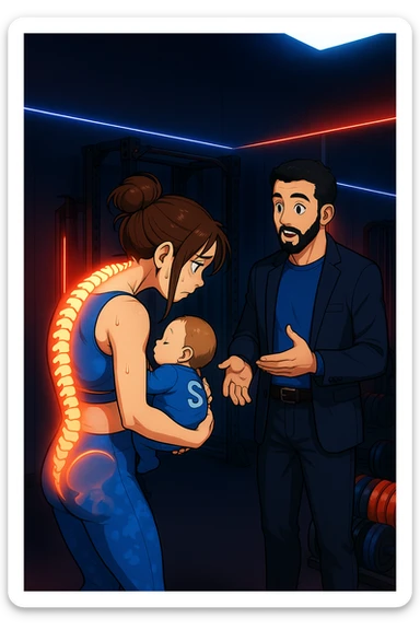 ispirati a questo stile di disegno e fai questa immagine in versione manga/webtoon a colori, il manga mostra la donna preoccupata di profilo con la postura sbagliata e incurvata, spalle chiuse e curve in avanti, con un neonato in braccio con una tutina azzurra e la scritta "S" sulla schiena, spina dorsale storta della donna in evidenza mentre ascolta l'uomo mentre l'uomo gli sta spiegando una cosa, ma non fare i fumetti, fai come se stessero parlando sticker