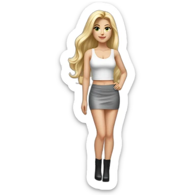 realist caucasian long blonde hair woman sexy white crop tank top gray tight mini skirt black high heel shoes full body sticker