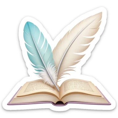 Create a delicate and poetic emoji representing poetry. The design should feature several elegantly flying pages with short poetic columns written on them. The pages should appear light and flowing, almost as if being carried by the wind. Include a white feather gently resting on the pages, symbolizing creativity and inspiration. Use soft, pastel tones to give it a dreamy, artistic feel. The design should feel ethereal and whimsical, capturing the essence of poetry. Make the background transparent. sticker