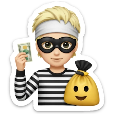 Realistic ios emoji-style portrait of a classic burglar, a black eye mask and a black-and-white striped shirt. emoji-like hair, black hat, a bag of money 💰 with a dollar sign in a right corner  sticker