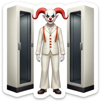 full-body demonic clown in a white leisure suit with bellbottom pants, bald, with black ram horns, wearing elevator shoes sticker