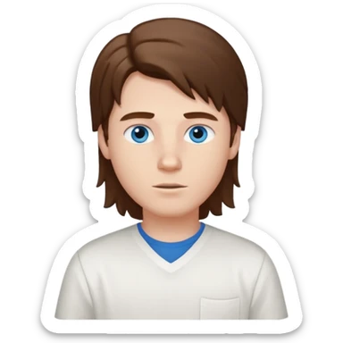 White boy with blue eyes and brown semi long hair with a White shirt sticker