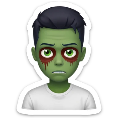 boy zombie with blue eyes and slick back middle part black hair green skin and white t shirt greasy hair more slicked back low skin fade sticker