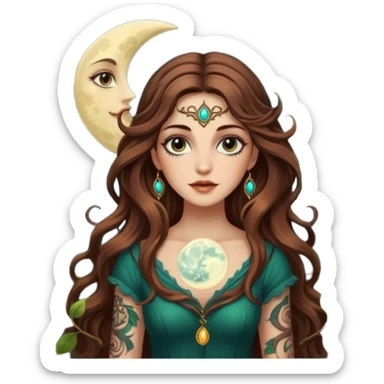 forest mystic woman long wavy brown hair tattoos half-lidded eyes moon glow sticker