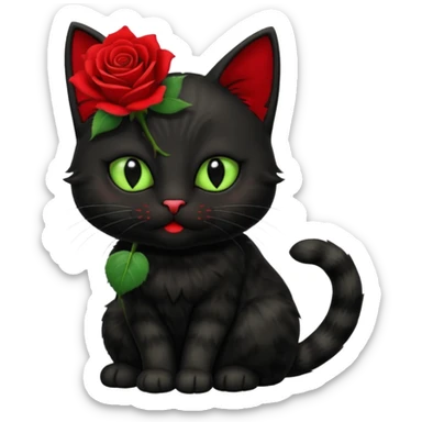 Cute emoji-style black cat holding a red rose in its mouth, big round eyes with light green sclera and black pupils, fluffy fur, clean mascot style, centered, soft beige background, 1:1 ratio. sticker