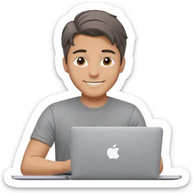 A man in his mid 20s, middle part average dude with slightly droopy eyes, happy, using a MacBook (no logo), hero for an iOS developers website sticker