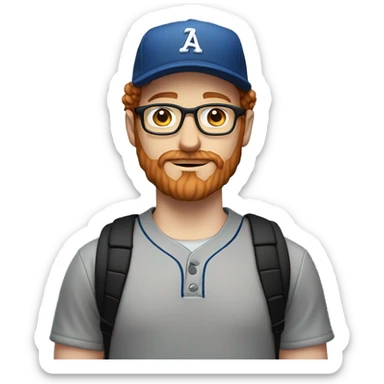 35 years old, male, short curly red hair, glasses, black baseball hat, blue eyes, pale complexion, thick beard and thin mustache sticker