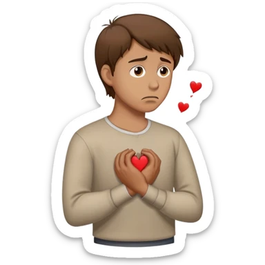 a man with brown hair staying in a
full height in profile with anxiety and begging face with a broken heart sticker
