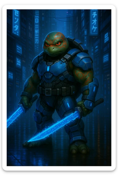 Change the color scheme to blue and silver while keeping the neon-lit dystopian city background vibrant. Ensure the character's tribal markings and tech details remain visible and clear in the image. sticker