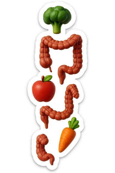 emoji stile iphone in 3d di cibo sano che fluttua in aria vericalmente insieme a pezzi di colon umano anatomico, iperrealistico 4k sticker